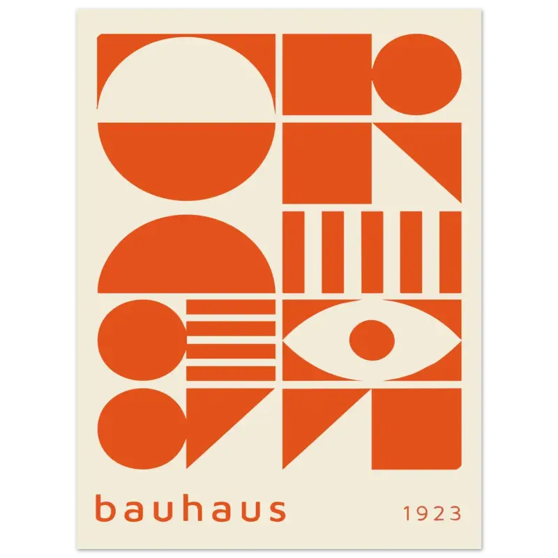 Affiche géométrique orange Bauhaus mettant en scène des formes audacieuses et le mot « bauhaus » avec l’année 1923.