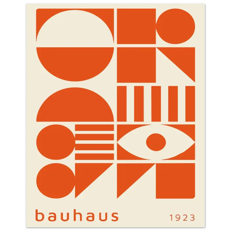 Affiche abstraite géométrique orange mettant en vedette le logo Bauhaus de 1923.
