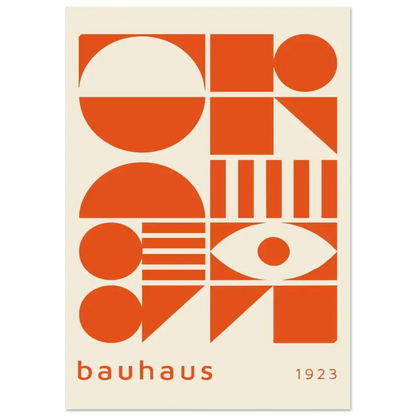 Affiche géométrique bauhaus orange mettant en scène des formes audacieuses et un motif d’œil sur un fond crème.