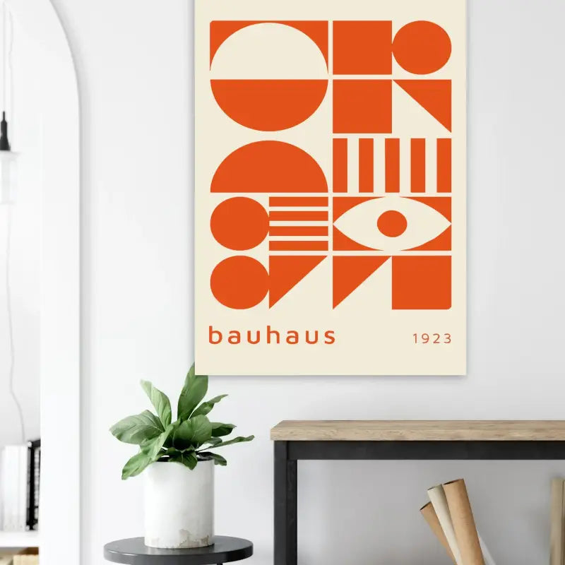 Un poster géométrique moderne aux tons orange et crème inspiré du Bauhaus, présentant des formes audacieuses, un motif d’œil et le texte « bauhaus 1923 » à sa base.