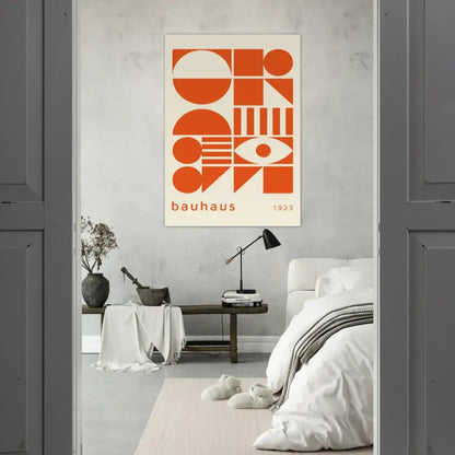 Une affiche d’art géométrique bauhaus 1923 moderne orange et crème avec des motifs audacieux circulaires, triangulaires et rayés.