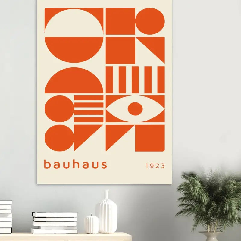 Une affiche moderne orange et crème inspirée du Bauhaus présentant des formes géométriques, un motif d’œil, et le texte « bauhaus 1923 » en bas.