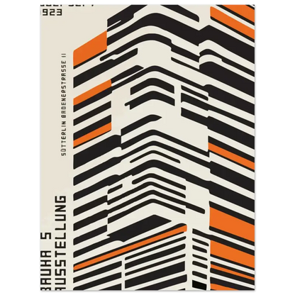 Affiche abstraite mettant en scène des rayures géométriques audacieuses en noir, blanc et orange disposées dans un motif en zigzag dynamique.