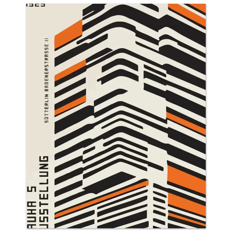 Affiche abstraite mettant en vedette des rayures géométriques audacieuses en noir, blanc et orange dans un design moderniste.