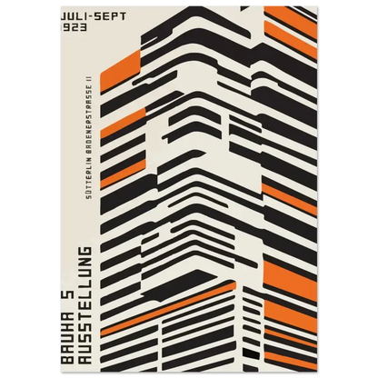 Une affiche audacieuse et géométrique avec des rayures noires et orange sur un fond crème.