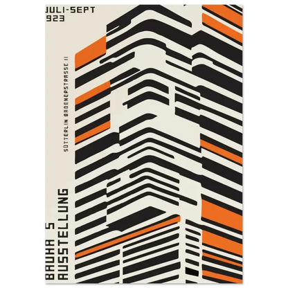 Un poster audacieux et géométrique présentant un motif frappant de rayures noires et orange sur un fond blanc cassé.