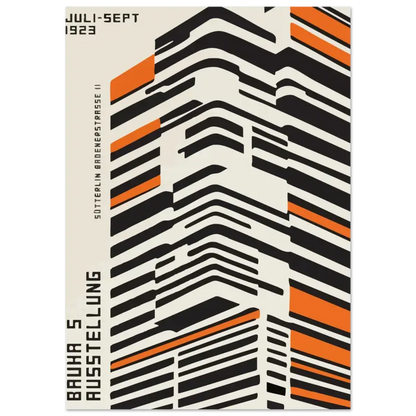 Un poster audacieux et géométrique présentant des rayures noires et orange sur un fond crème avec du texte en noir.