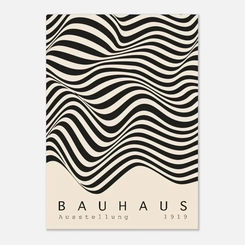Affiche rayée ondulée en noir et blanc présentant le texte « bauhaus ausstellung 1919 » en bas.
