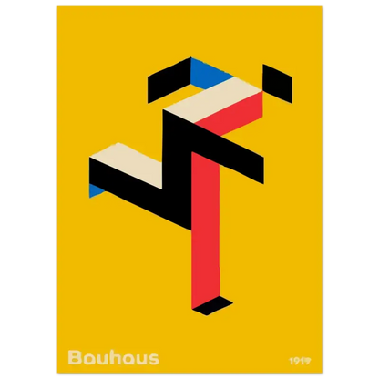 Affiche jaune vif mettant en scène une figure abstraite géométrique audacieuse en noir, rouge et bleu sur un fond uni.