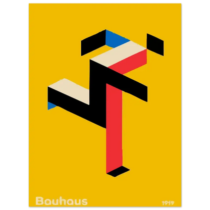 Affiche jaune vibrant mettant en scène une figure stylisée et géométrique composée de blocs noirs, rouges et bleus audacieux sur un fond minimaliste.