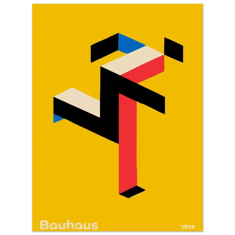 Affiche jaune vibrant mettant en scène une figure stylisée et géométrique composée de blocs noirs, rouges et bleus audacieux sur un fond minimaliste.