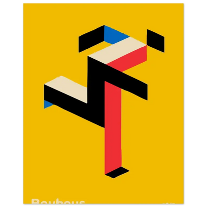 Affiche abstraite géométrique vibrante présentant des blocs audacieux noirs, rouges, bleus et crème sur un fond jaune moutarde.