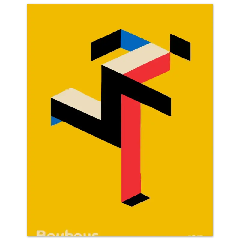 Affiche abstraite géométrique vibrante présentant des blocs audacieux noirs, rouges, bleus et crème sur un fond jaune moutarde.