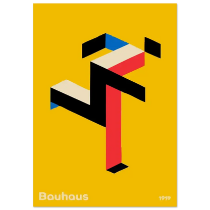 Un poster abstrait géométrique audacieux présentant une figure stylisée en noir, rouge, blanc et bleu sur un fond jaune vibrant.