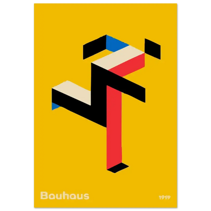 Affiche jaune vif mettant en scène une figure stylisée et géométrique en noir, rouge et bleu sur un fond audacieux moutarde-jaune.