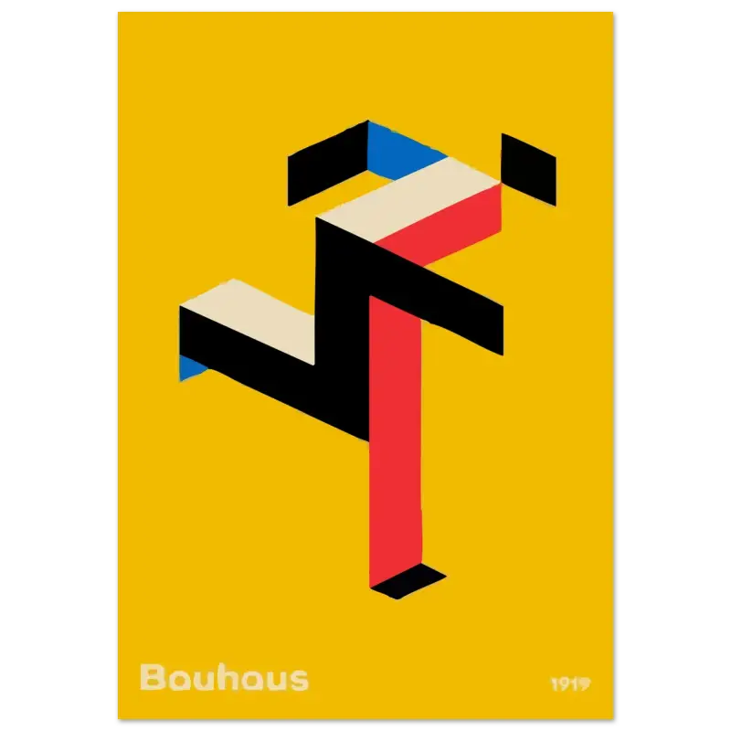 Affiche jaune vif mettant en scène une figure stylisée et géométrique en noir, rouge et bleu sur un fond audacieux moutarde-jaune.