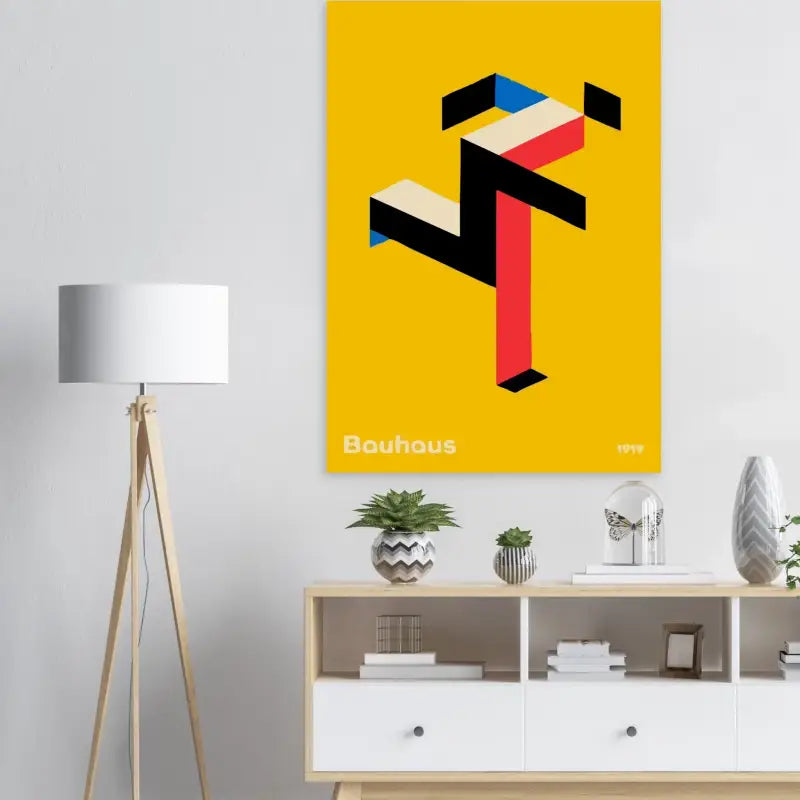 Toile jaune vibrant arborant un design de logo Bauhaus géométrique audacieux en noir, rouge, bleu et beige.