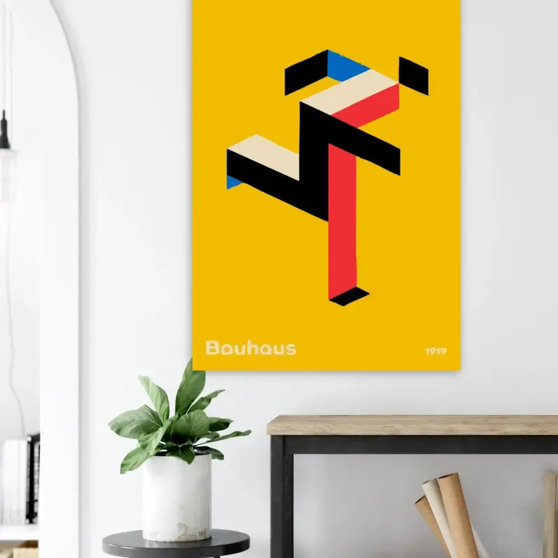 Affiche sur toile jaune vibrant présentant un design abstrait géométrique audacieux en noir, rouge, bleu et beige avec le texte « bouhous » et « 1919 ».