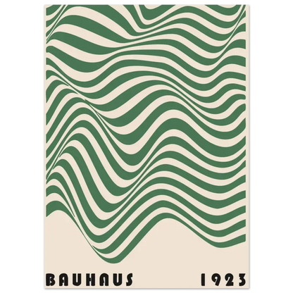 Une affiche Bauhaus de style vintage mettant en scène des rayures vertes et crème audacieuses et ondulantes qui créent une illusion optique dynamique.