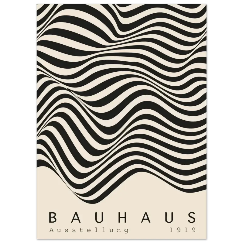 Affiche rayée ondulée en noir et blanc avec « bauhaus ausstellung 1919 » imprimé en bas.