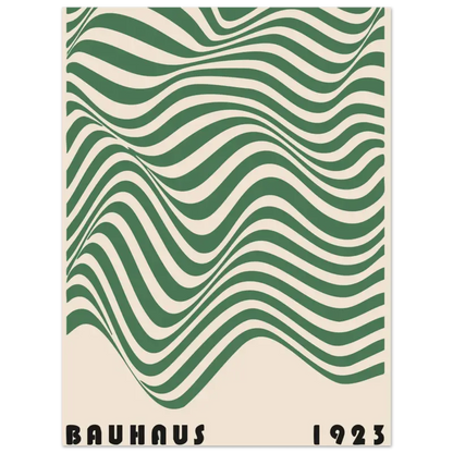 Une affiche de style vintage présentant des rayures vertes et crème audacieuses et ondulantes avec « bauhaus 1923 » imprimé en bas.