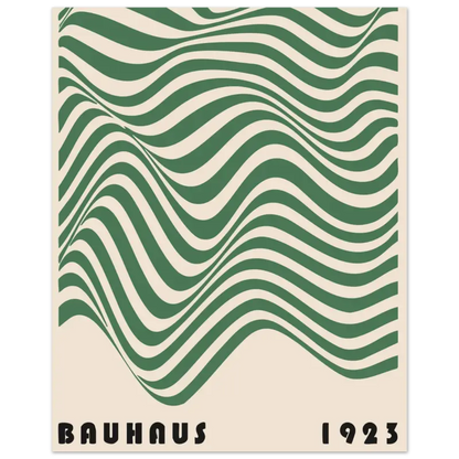 Une affiche Bauhaus de style vintage présentant des rayures vertes et crème audacieuses et ondulantes avec « bauhaus 1923 » imprimé en bas.