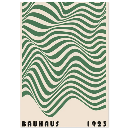 Une affiche Bauhaus de style vintage présentant des rayures vertes et crème audacieuses et ondulantes avec « bauhaus 1923 » imprimé en noir en bas.