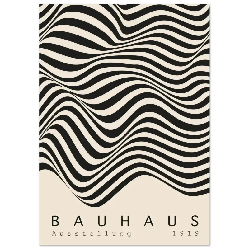 Affiche rayée ondulée en noir et blanc présentant le texte « bauhaus ausstellung 1919 » en bas.