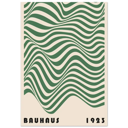 Une affiche de style vintage présentant des rayures vertes et crème ondulées audacieuses avec « bauhaus 1923 » imprimé en bas.