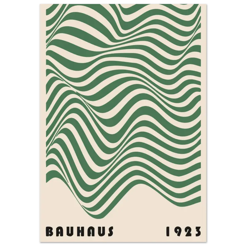 Une affiche de style vintage présentant des rayures vertes et crème ondulées audacieuses avec « bauhaus 1923 » imprimé en bas.
