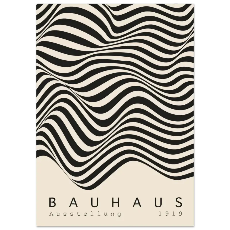 Affiche rayée ondulée en noir et blanc présentant l’exposition Bauhaus de 1919.