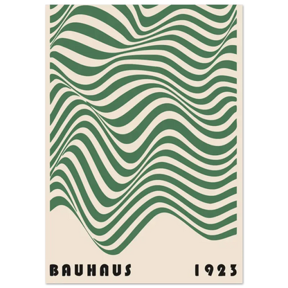 Une affiche de style vintage présentant des rayures vertes et crème ondulées audacieuses avec « bauhaus 1923 » imprimé en bas.