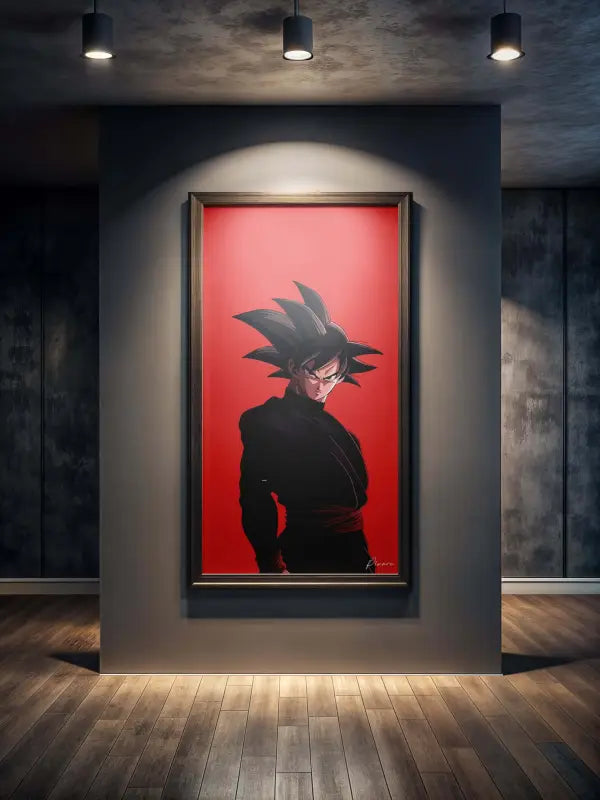 Une œuvre d’art encadrée mettant en vedette un personnage d’anime aux cheveux noirs et hérissés sur un fond rouge vibrant, enchâssée dans un cadre sombre simple.