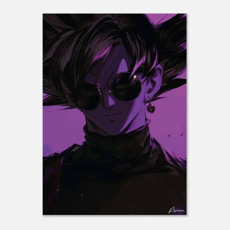 Impression de portrait anime aux tons violets mettant en scène un personnage aux cheveux noirs hérissés, lunettes de soleil rondes foncées et une boucle d’oreille.