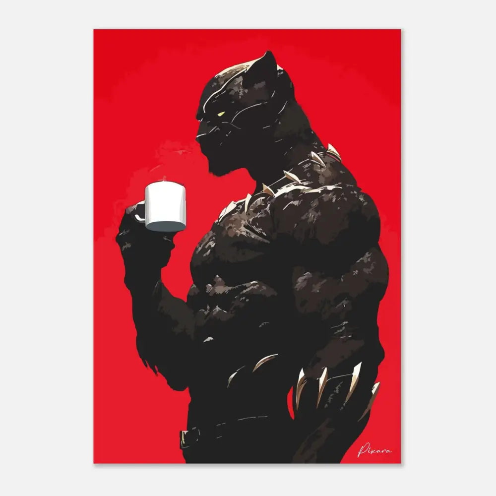 Affiche d’art de bande dessinée du Panthère Noire présentant une silhouette stylisée sur un fond rouge vibrant.