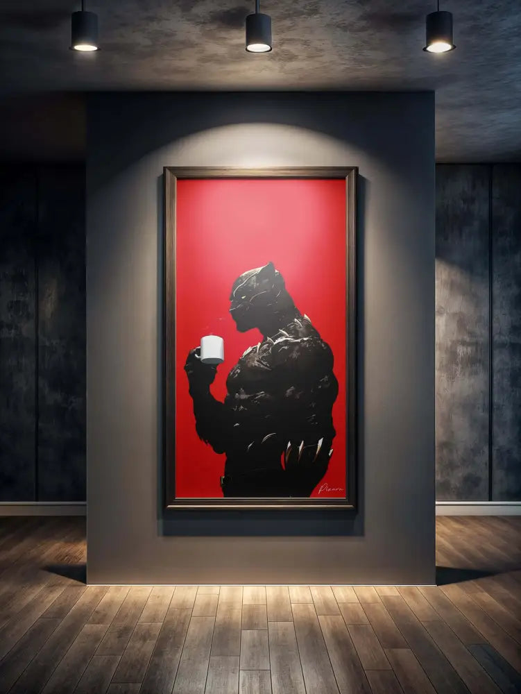 Une œuvre d’art encadrée représentant une silhouette noire d’un panthère noire sur un fond rouge vibrant, enchâssée dans un cadre en bois sombre simple.