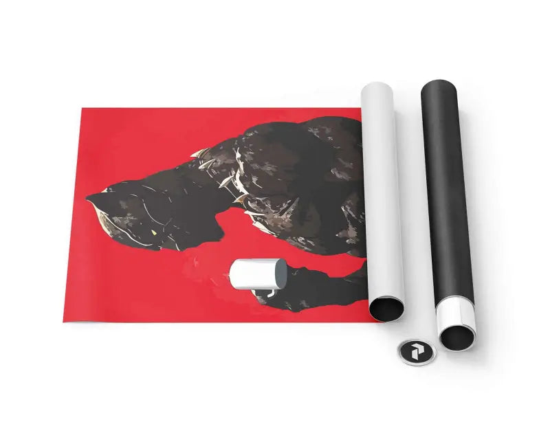 Affiche rouge présentant une illustration texturée noire d’un chien avec un objet cylindrique blanc reposant sur sa forme.