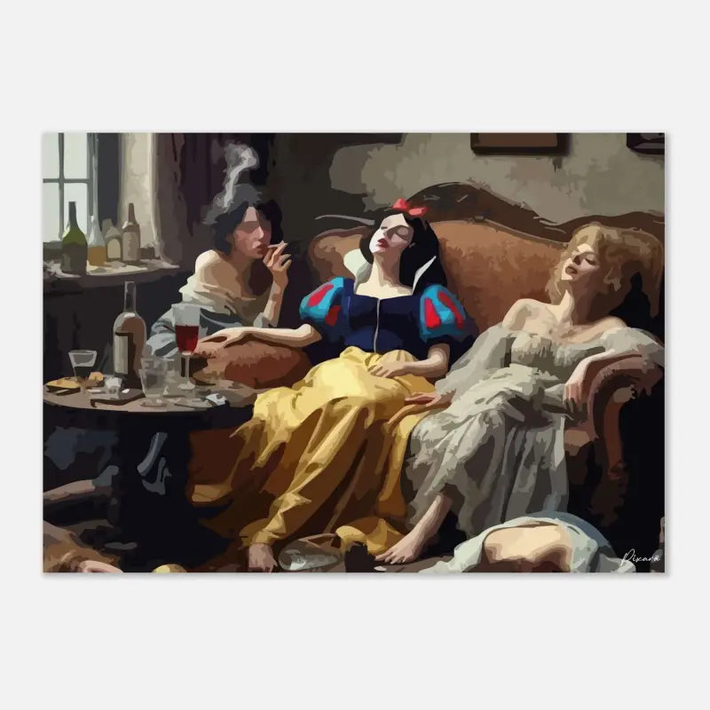Une peinture stylisée de Blanche-Neige reclinée sur un canapé dans sa robe emblématique bleu et jaune avec des accents rouges, flanquée de deux autres femmes dans un cadre intérieur intime.