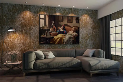Un tableau encadré de Blanche-Neige et deux autres femmes dans une pièce chaleureuse faiblement éclairée.