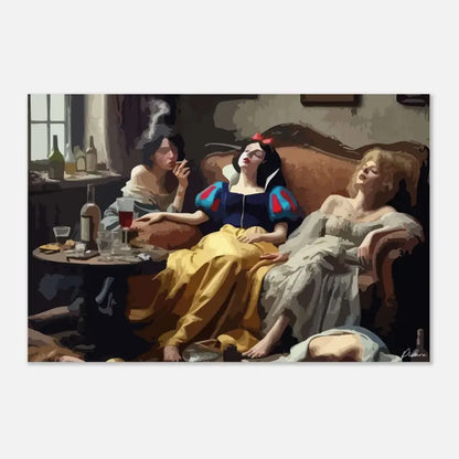Une estampe d’art moderne mettant en scène Blanche-Neige dans une robe bleue et jaune avec des accents rouges, allongée sur un canapé aux côtés de deux autres femmes dans une scène intime en intérieur.