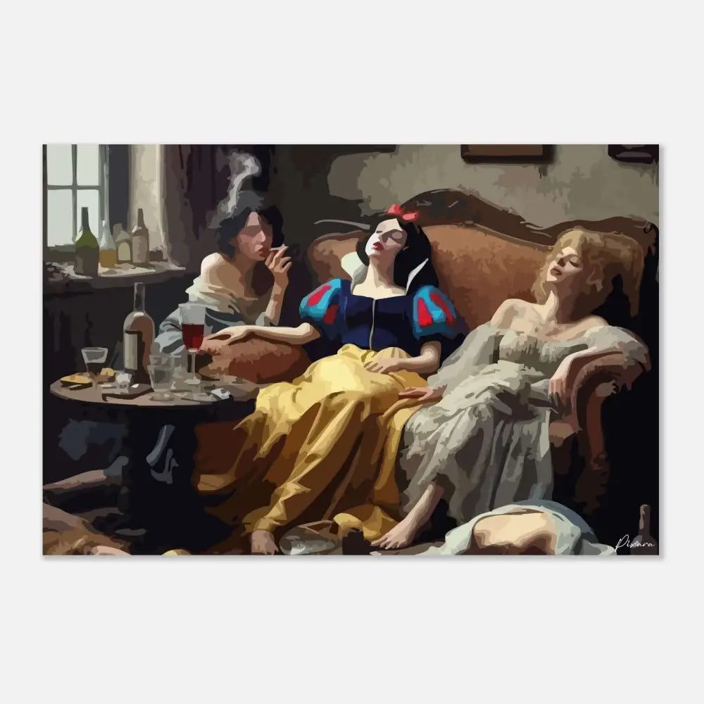 Une estampe d’art moderne mettant en scène Blanche-Neige dans une robe bleue et jaune avec des accents rouges, allongée sur un canapé aux côtés de deux autres femmes dans une scène intime en intérieur.