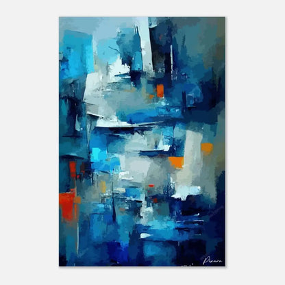 Peinture abstraite mettant en vedette des teintes bleues audacieuses avec des accents d’orange et de blanc, rendue en coups de pinceau texturés.