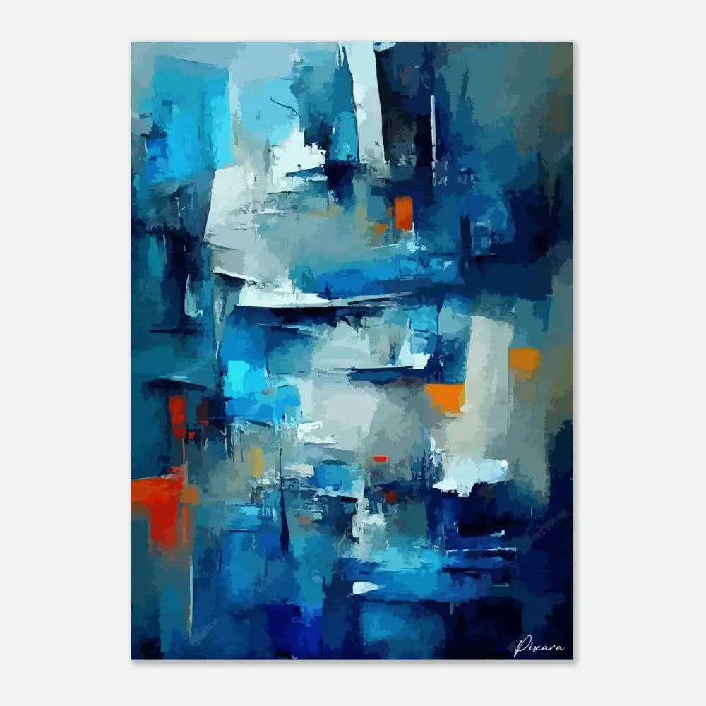 Peinture abstraite mettant en vedette des teintes bleues audacieuses avec des accents d’orange et de blanc, rendue en coups de pinceau texturés.