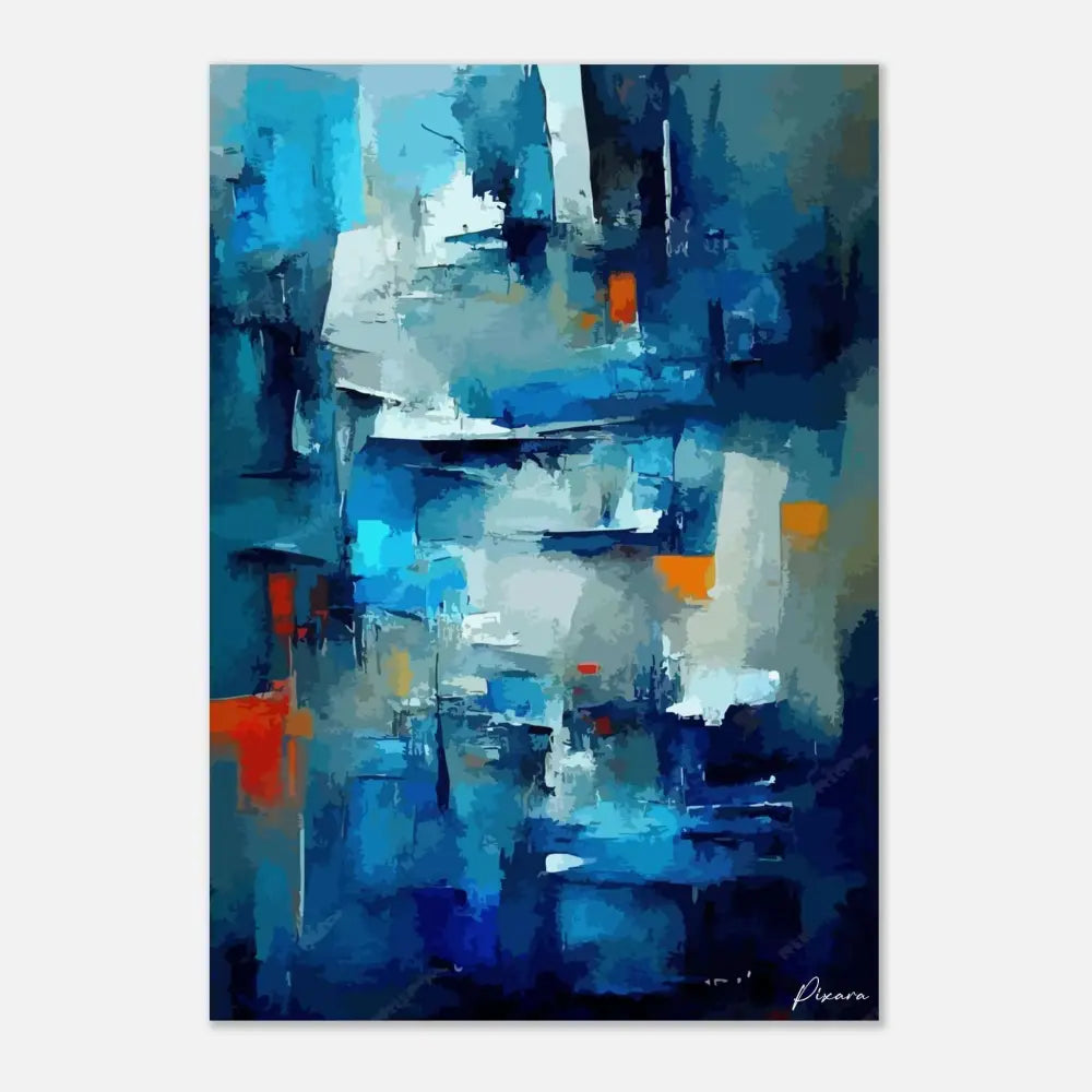 Peinture abstraite mettant en vedette des coups de pinceau audacieux en bleu, blanc et orange avec une esthétique urbaine moderne.