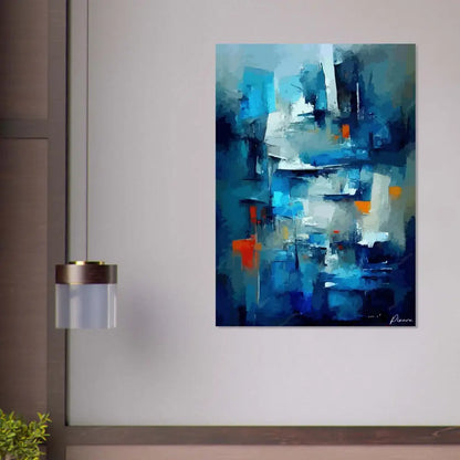 Peinture abstraite sur toile bleu et blanc avec des accents orange audacieux.