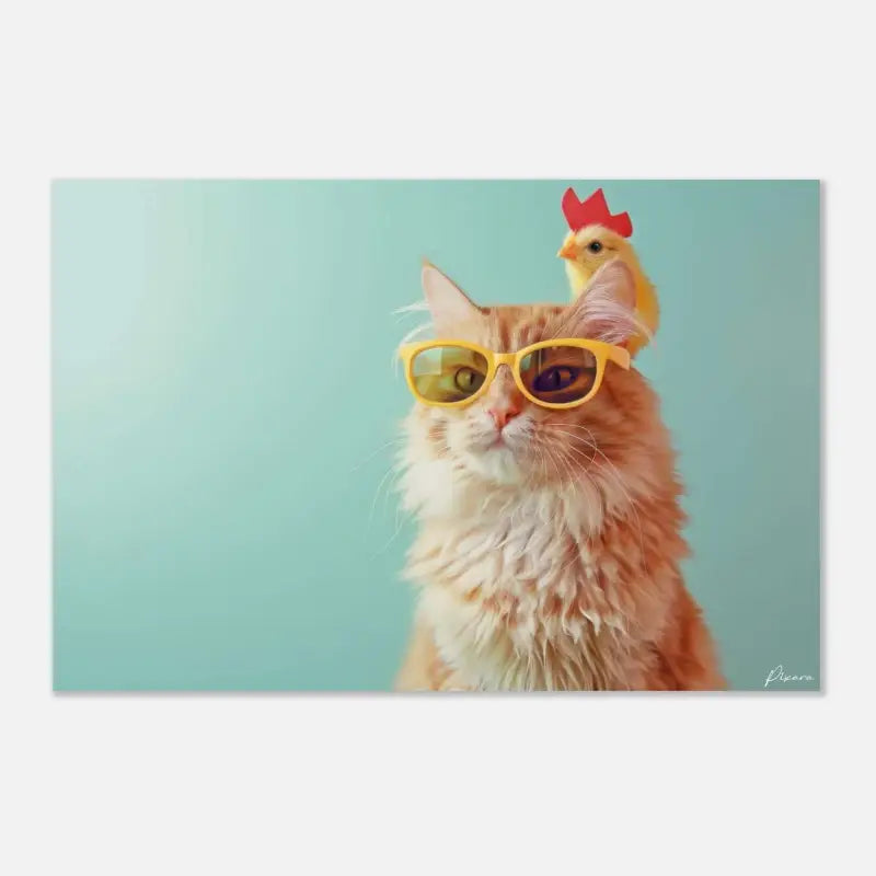 Un chat orange duveteux portant des lunettes de soleil jaunes avec un petit poussin jaune perché sur sa tête.