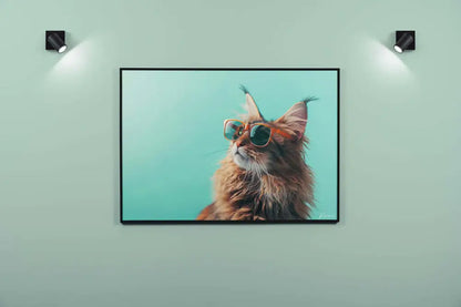 Un portrait encadré d’un chat orange duveteux portant des lunettes de soleil stylées, sur un fond turquoise.