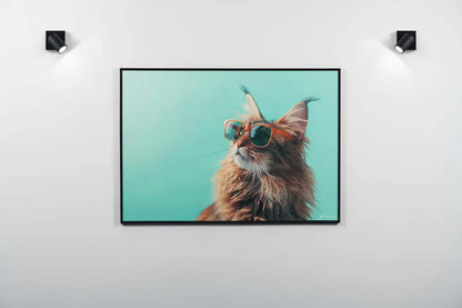 Un portrait encadré d’un chat roux duveteux portant des lunettes de soleil stylées à monture orange sur un fond turquoise.