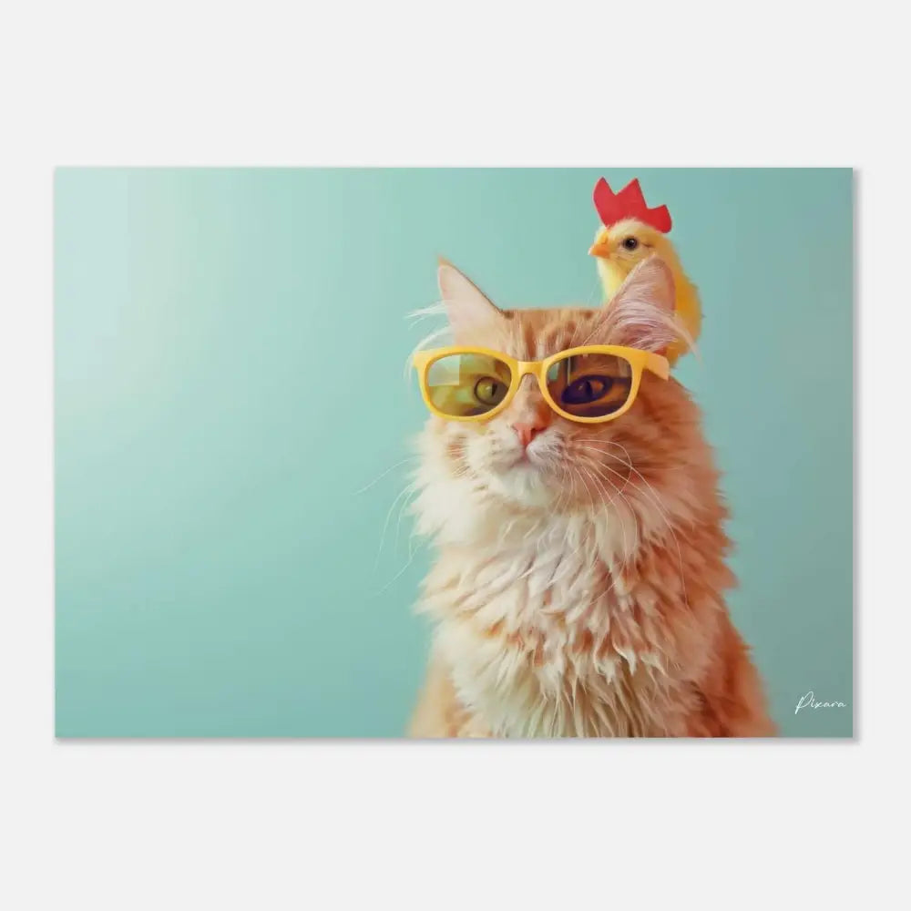 Un chat duveteux orange et blanc portant des lunettes de soleil jaune vif avec un petit poussin jaune perché sur sa tête.