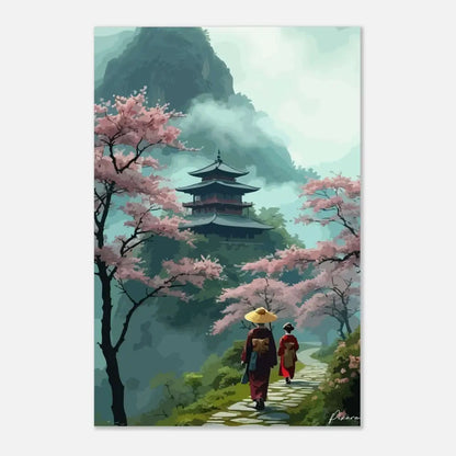 Une œuvre d’art numérique sereine représentant un pagodon traditionnel à étages multiples niché parmi des montagnes brumeuses et des cerisiers en fleurs roses, avec deux figures en robes flottantes marchant le long d’un chemin de pierre.
